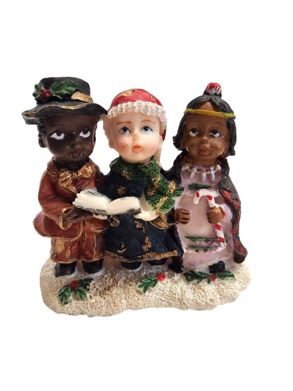 Three Children All God's Children Style Christmas Figurine Carolers Holly Base